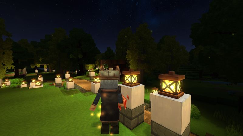 An adventurer on the lit road at night, drifting embers glowing around them