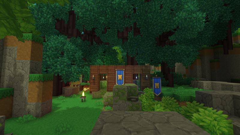 A Home's cabin with a blue banner bearing a gold tower on its wall and a matching standard beside it