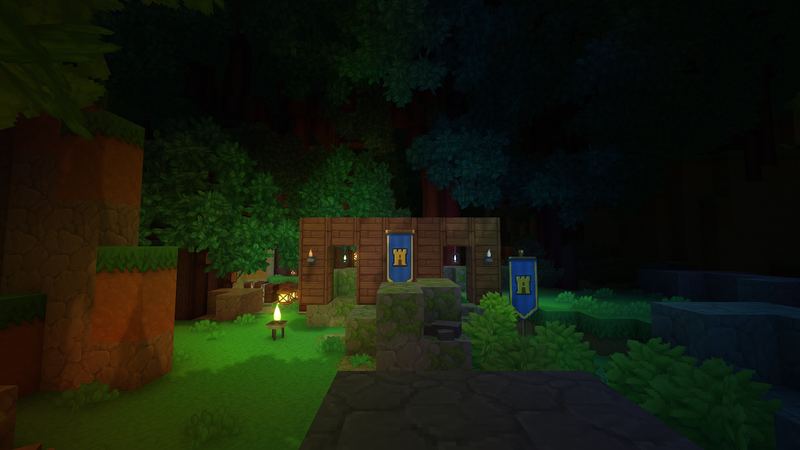 A Home at night, lit by a gold lantern, a green flame and a frost-blue light